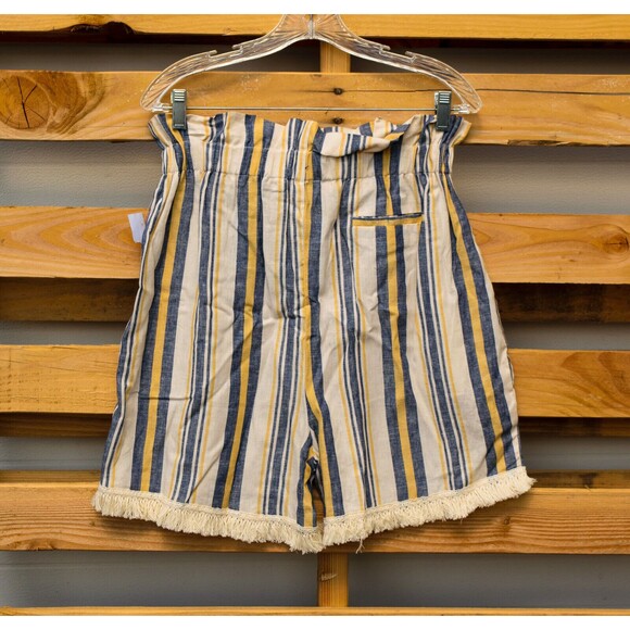 Donna L'oren Mustard Navy Beige Striped Gathered Baggy Paperbag Tied Shorts Sz S - Picture 2 of 3